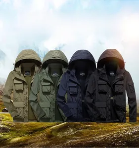 Detail showing outdoor jackets in khaki, green, navy, and black with mesh lining
