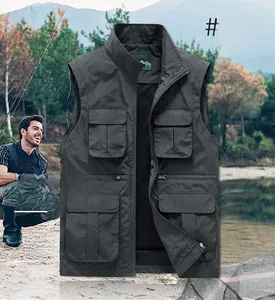 Detail of grey outdoor fishing vest featuring multi-pockets and a durable stand collar