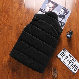 Men's winter black padded velvet vest with stand collar and horizontal quilting