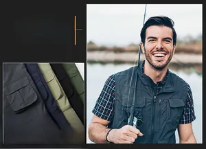 Detail of multi-pocket outdoor fishing vest showing functional front pockets and zipper