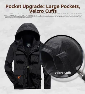 Detail of tactical jacket showing velcro cuffs and durable multi-pocket design with mesh lining