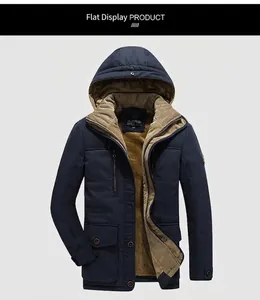 Men's winter hooded parka jacket with warm fleece lining and windproof navy blue shell