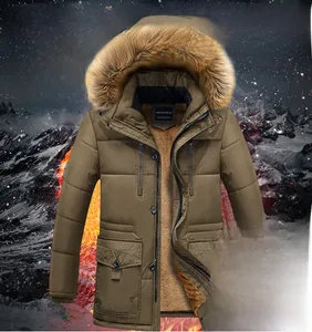 Detail view of winter parka featuring thick faux fur lining and warm olive green fabric