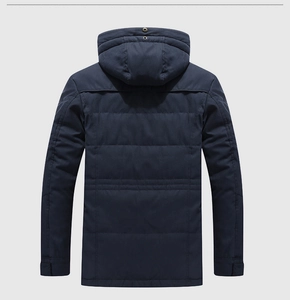 Rear view of men's navy blue hooded winter parka with thick fleece lining and quilted design