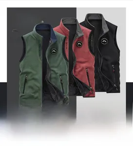 Detail of fleece outdoor waistcoat featuring stand collar and side zip pockets in five colors