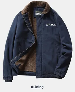 Detail of navy bomber jacket featuring thick brown faux fleece lining and ARMY embroidery