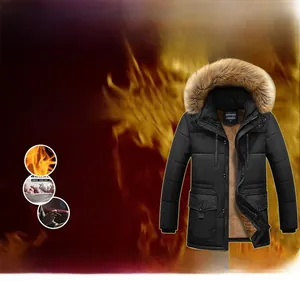 Detailed view of men's winter parka featuring faux fur collar and warm fleece lining