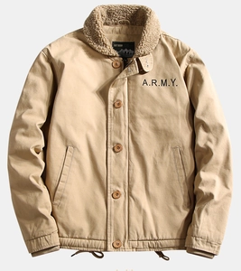 Detail of khaki military bomber jacket with soft faux shearling collar and ARMY print