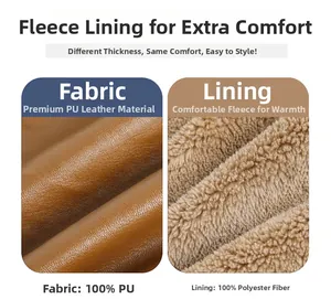 Detail view of brown PU leather exterior and warm fleece lining on a winter jacket