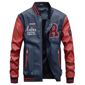 Men's Varsity Jacket PU Leather Contrast Baseball Coat American Retro Letter Embroidery Fleece Lined Casual Outerwear