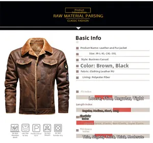 Detailed size chart and material guide for men's faux leather shearling jacket