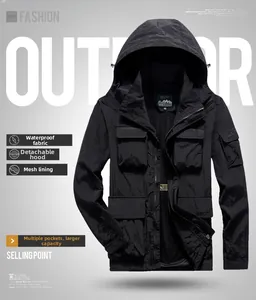 Detail of waterproof outdoor jacket with detachable hood and mesh lining design