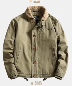 Detailed view of military pilot jacket with fleece collar and khaki or green options