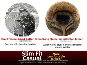 Detail of winter men's padded jacket with thick faux fur collar and fleece-lined interior