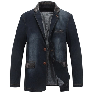 Men's indigo washed denim blazer with leather patchwork lapels and paisley lining