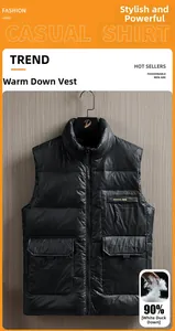 Detail of black down vest with 90% white duck down padding and stand collar design