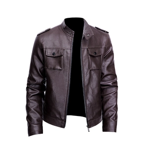Brown faux leather motorcycle jacket for men with stand collar and double chest pockets
