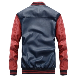 Men's baseball collar PU leather jacket in navy blue and red sleeves back view