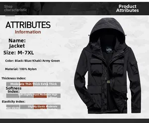 Detail view of a black hooded cargo jacket with multiple pockets in 100% nylon fabric