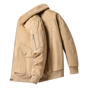 Men's khaki bomber jacket with warm fleece collar and functional utility pockets
