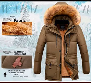 Detail of men's winter parka showing thick fleece lining and windproof khaki outer shell