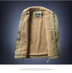 Detailed macro view of the thick camel fleece lining on men's winter pilot jacket