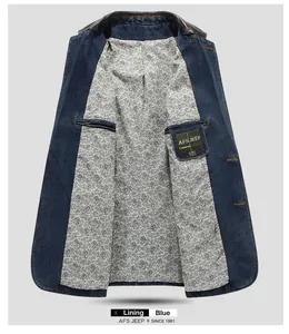 Men's blue denim blazer with brown leather collar and paisley pattern lining