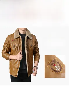 Close-up of vintage embroidery badge and plush fleece lining on brown PU jacket