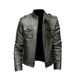 Men's dark green slim fit PU leather biker jacket with stand collar and chest pockets