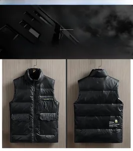 Front and back detail of a black padded vest for men with stand collar and side pockets
