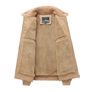 Men's khaki sherpa lined winter jacket with thick thermal padding and ribbed cuffs