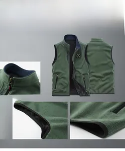 Detail view of dark green fleece vest showing thick black lining and standing collar
