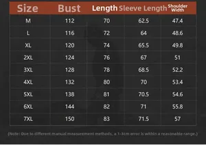 Detailed size chart for men's waterproof jacket ranging from M to 7XL with measurements