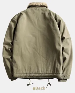Detailed back view of a men's military green bomber jacket with sherpa collar and ribbed cuffs