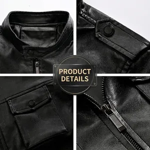 Men's black faux leather jacket with stand collar, shoulder straps and metallic hardware details