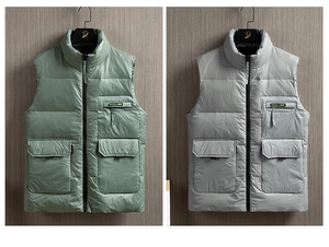 Detail of windproof fabric texture and cargo flap pockets on men's winter puffer vest
