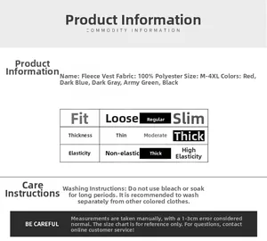 Detailed size chart for thick polar fleece vest showing M to 4XL dimensions and five colors