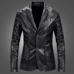 Slim fit black PU leather blazer for men with a classic two-button design and matte finish