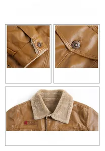 Close-up of brown PU leather jacket with warm fleece lining and metal buttons detail