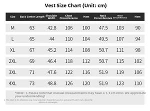 Comprehensive size chart for men's outdoor casual vest showing measurements from M to 4XL