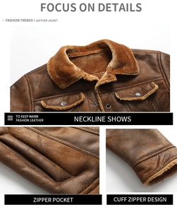 Detailed close-up of men's leather jacket featuring sherpa lining and zipper pockets
