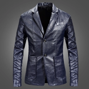 Slim fit men's dark blue PU leather blazer jacket with classic two-button closure