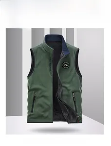 Detail of army green fleece vest with outdoor badge embroidery and zipper pocket