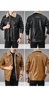 Macro view of men's PU leather jacket with faux shearling collar and back embroidery detail