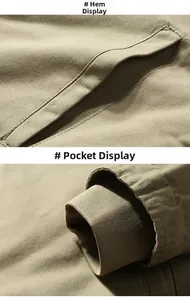 Detail view of khaki jacket showing ribbed cuffs and reinforced stitching on side pockets