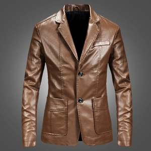 Slim fit dark brown PU leather blazer jacket for men featuring a classic notched lapel design