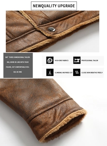 Detail of brown faux suede jacket featuring thick shearling lining and metal snaps