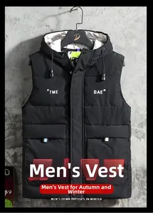 Detail of hooded men's black puffer vest with TME DAE chest print and drawstring hood