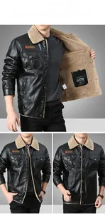 Detail view of men's black PU leather jacket featuring warm khaki fleece lining and collar
