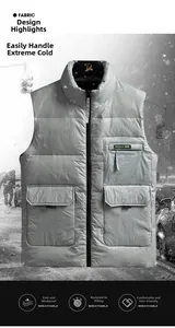 Detail of grey men's down vest showing the stand collar and chest pocket with logo tag